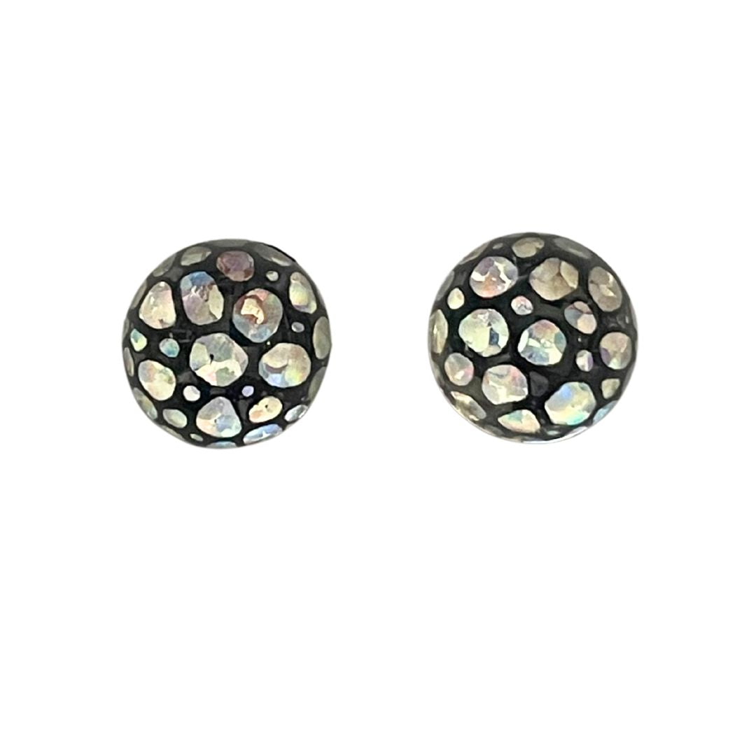 12mm Round Dome Glass Cabochon with Silver Hologram Bubbles on Black Background