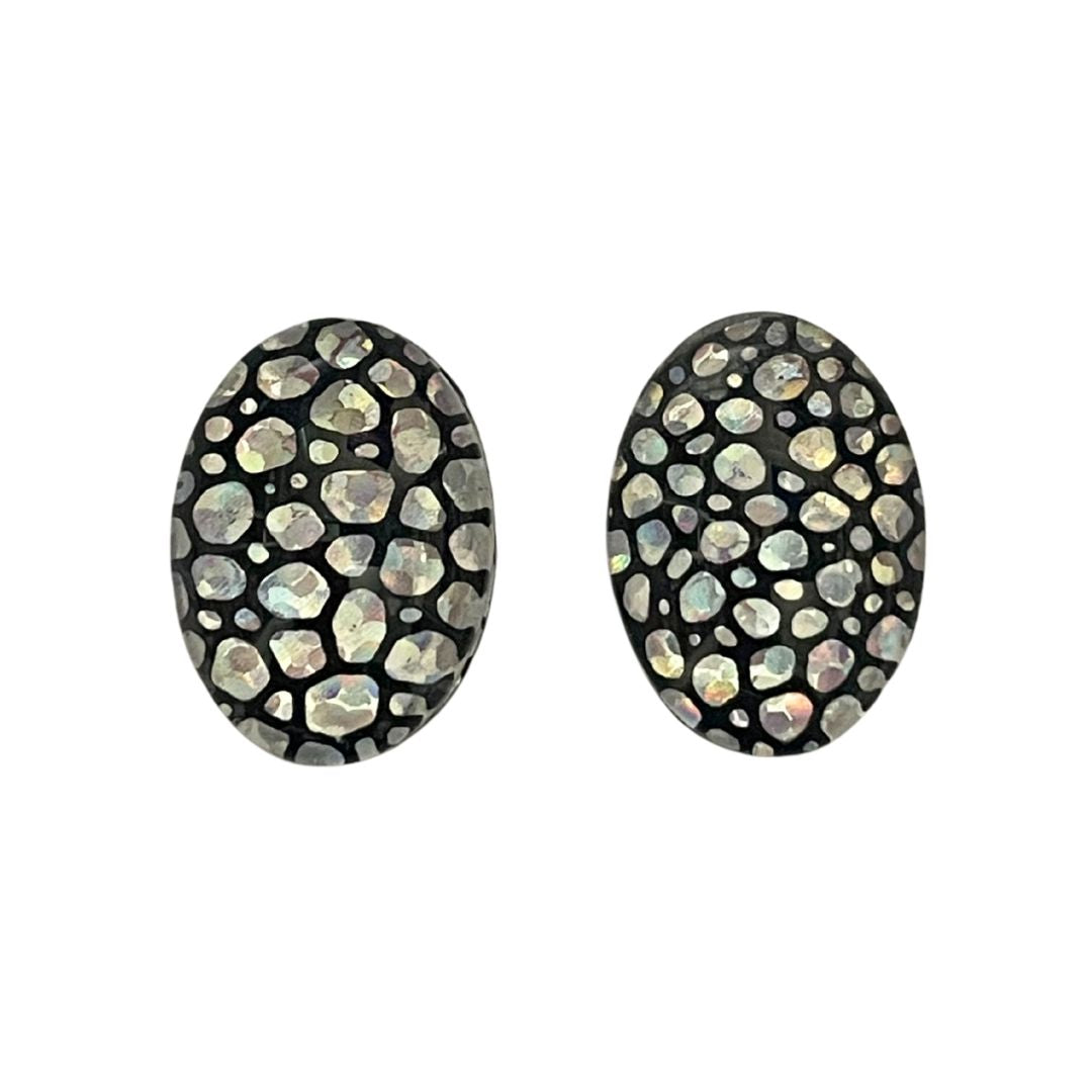 13mm x 18mm Oval Dome Glass Cabochon with Silver Hologram Bubbles on Black Background