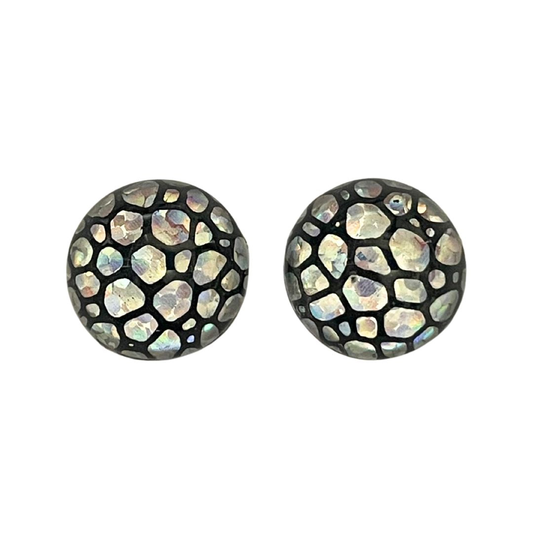 15mm Round Dome Glass Cabochon with Silver Hologram Bubbles on Black Background