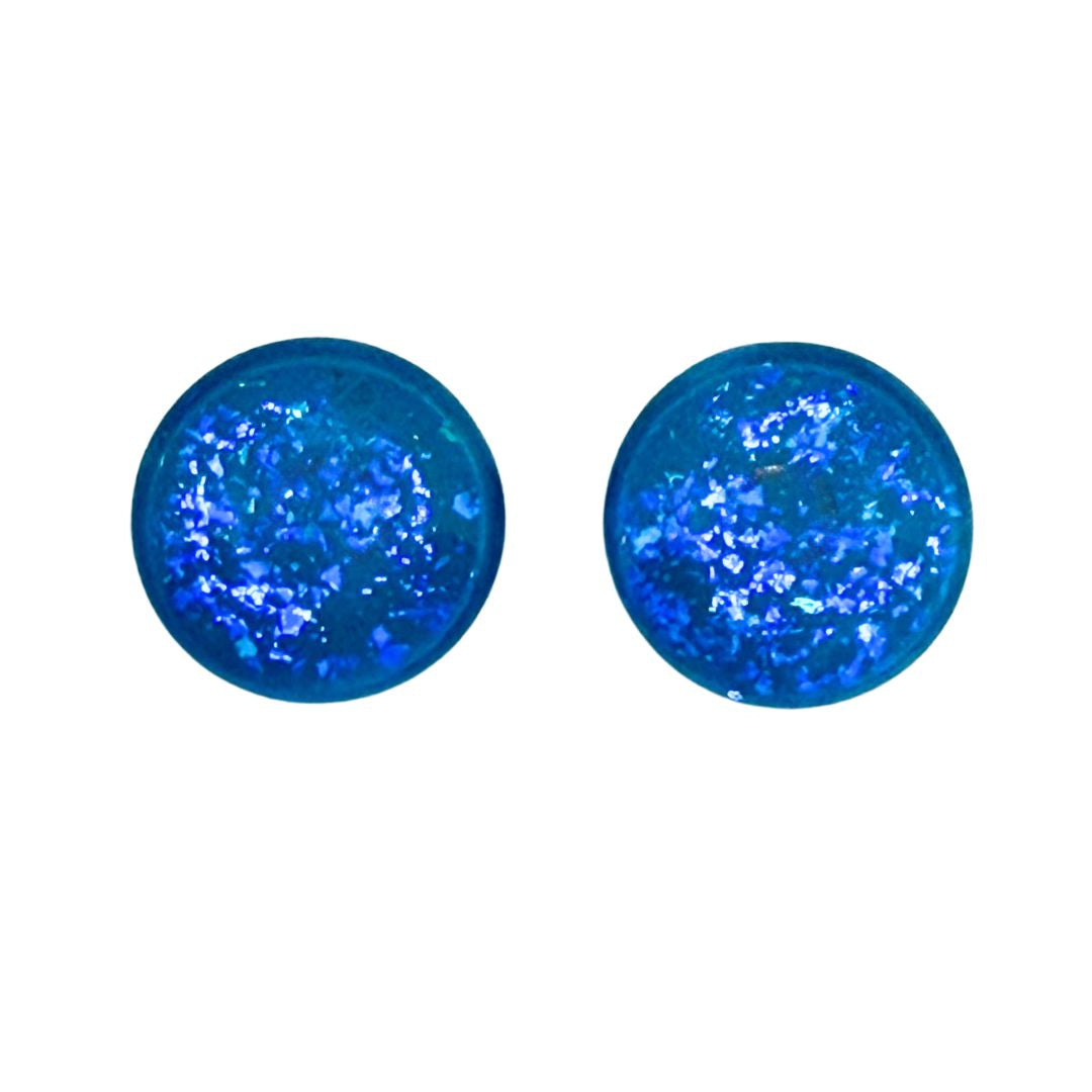 16mm Hand Painted Round Domed Glass Cabochon Glittery Medium Blue