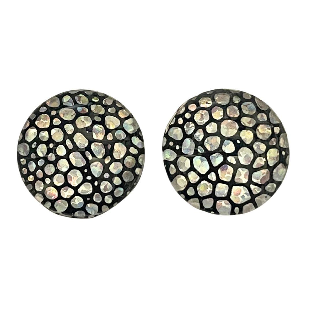 18mm Round Dome Glass Cabochon with Silver Hologram Bubbles on Black Background