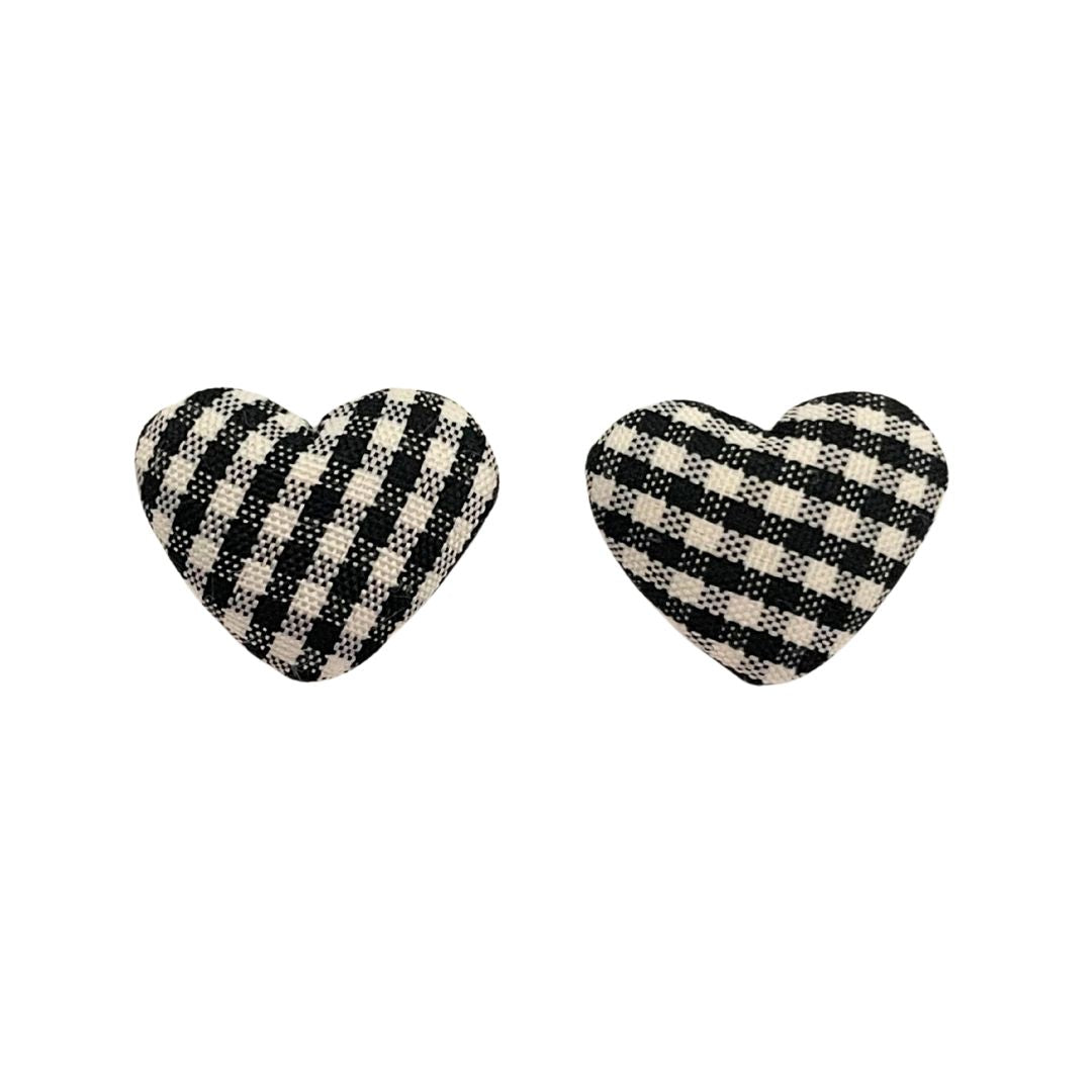 Black and White Gingham 18x15mm Fabric Heart Cabochon, pack of 2
