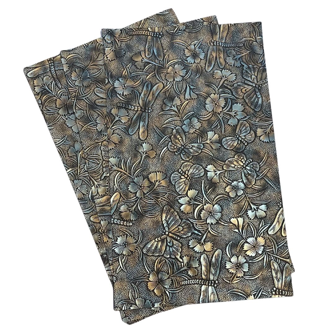 Blue & Gold on Black Metallic Gradient Dragonfly & Butterfly Embossed Faux Leather Sheet