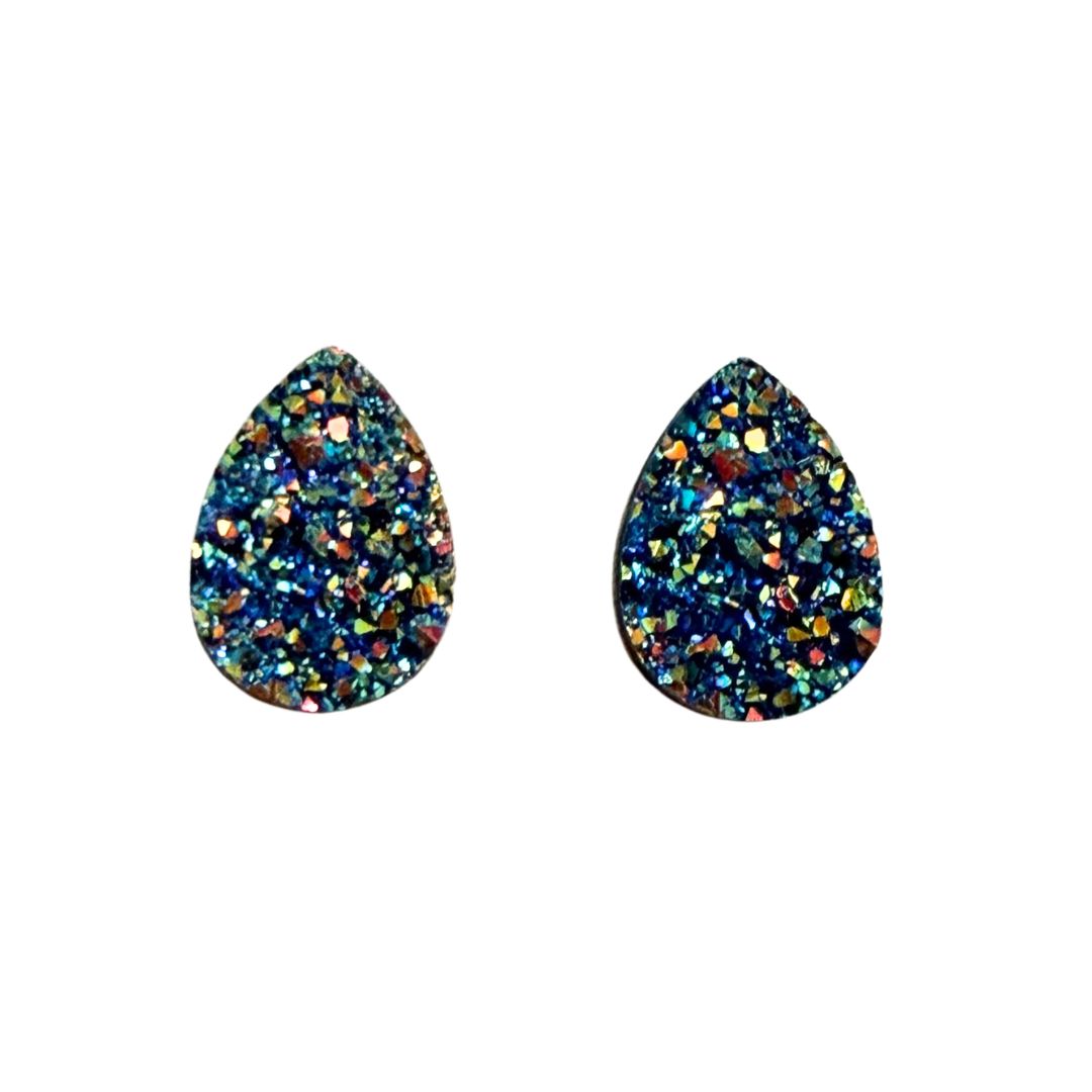 Blue and Gold Resin Druzy Drop Flat Back Cabochon 13x18mm Adhesive backed