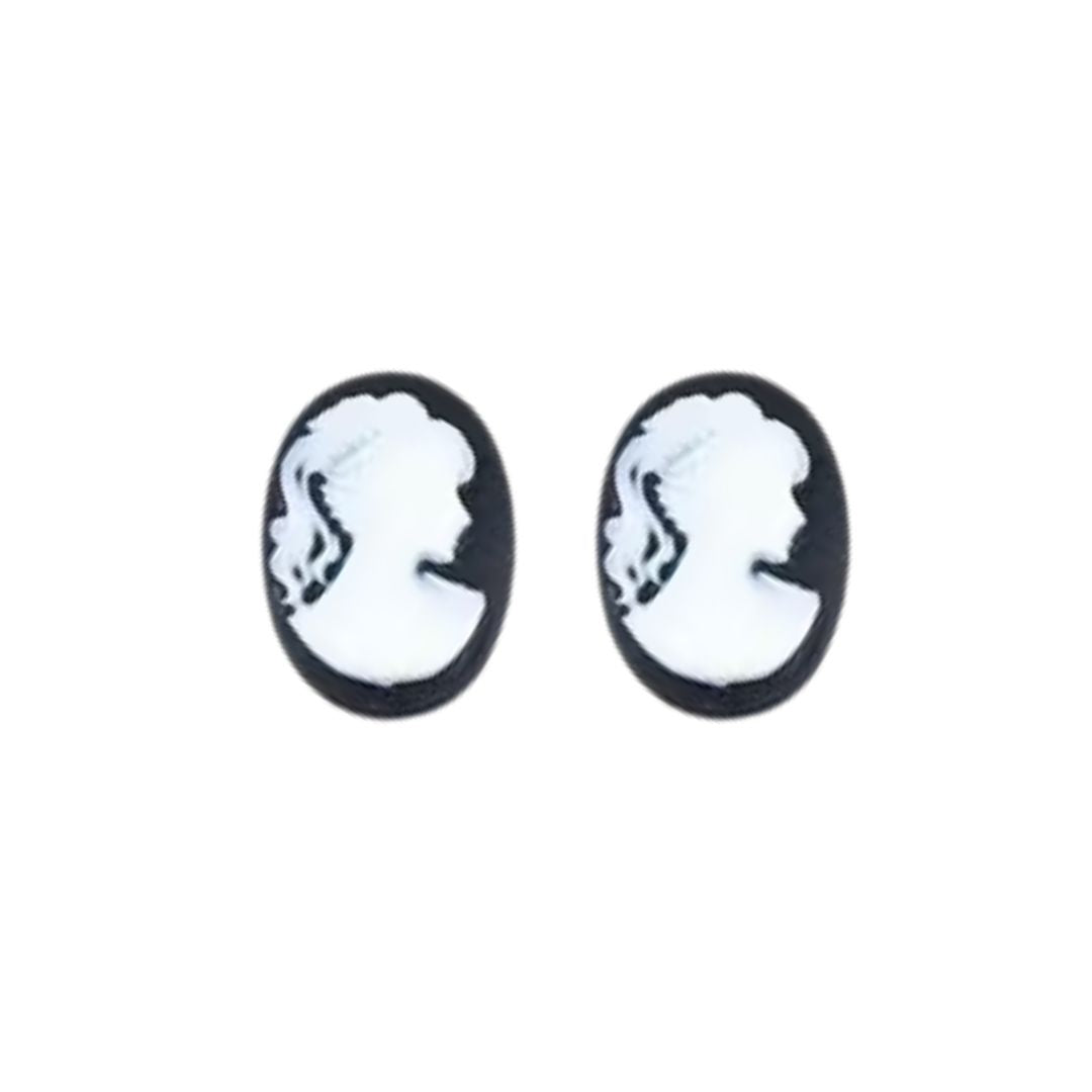 Cameo Lady Face Silhouette Flat Back Oval Cabochon 18x13mm Black & White, set of 2