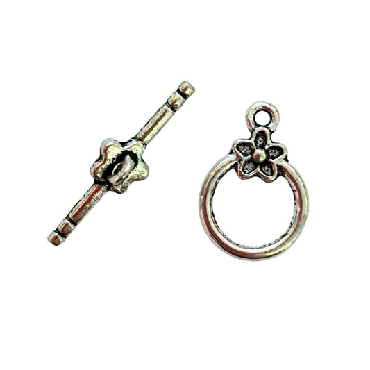 Clasp, Toggle with flower detail, Antique Silver