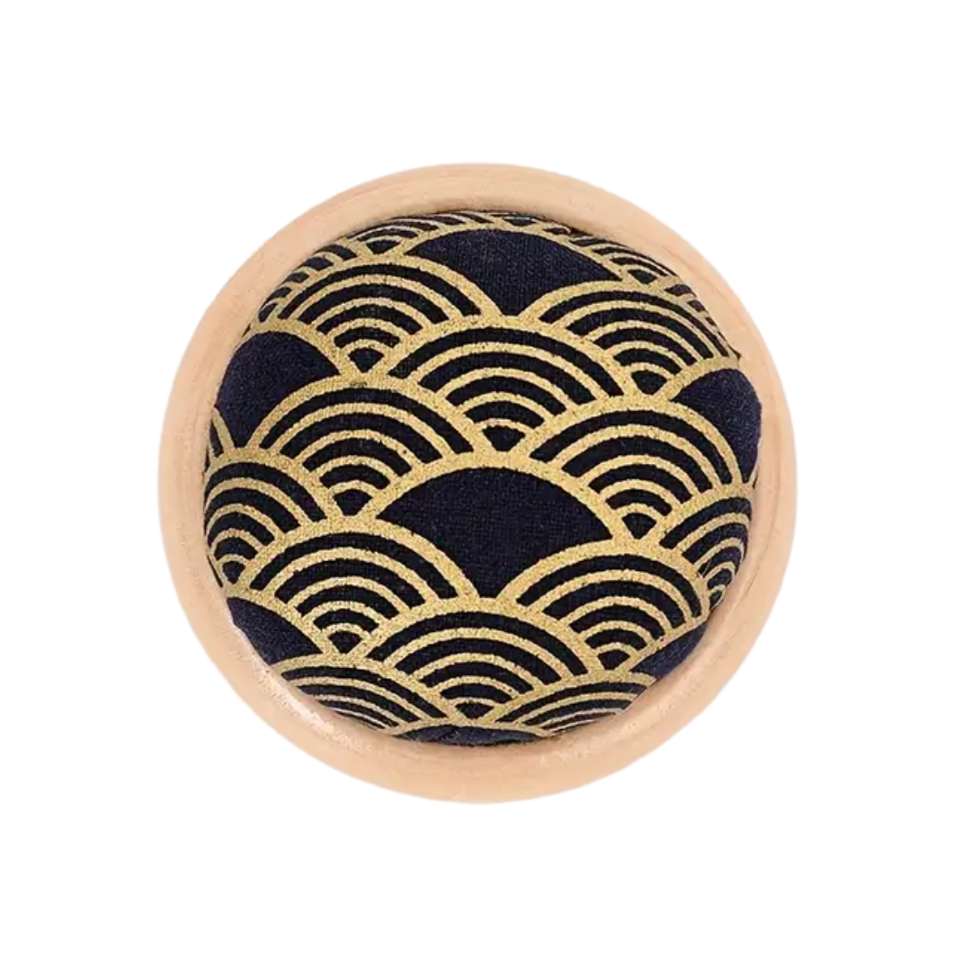 Pin Cushion Wooden Base Navy and Gold Wave