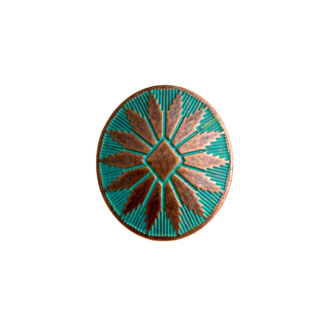 Metal Button Oval with Embossed Flower 25x22mm Copper Patina
