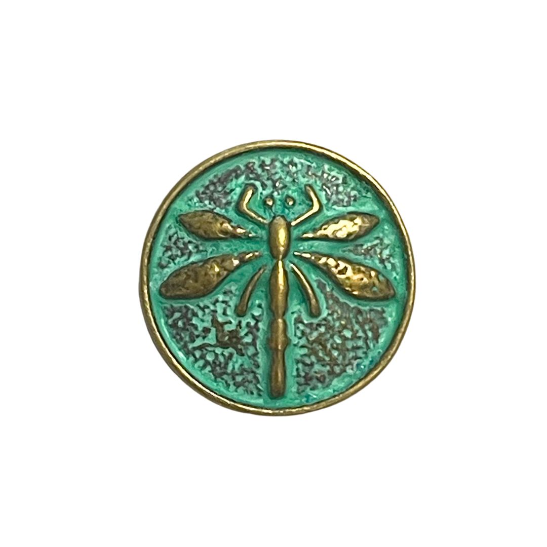 Metal Button with Embossed Dragonfly 17mm Gold Patina