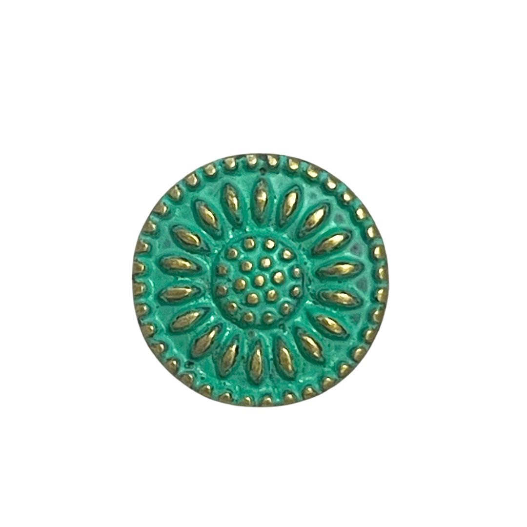 Metal Button with Embossed Gerbera 17mm Gold Patina