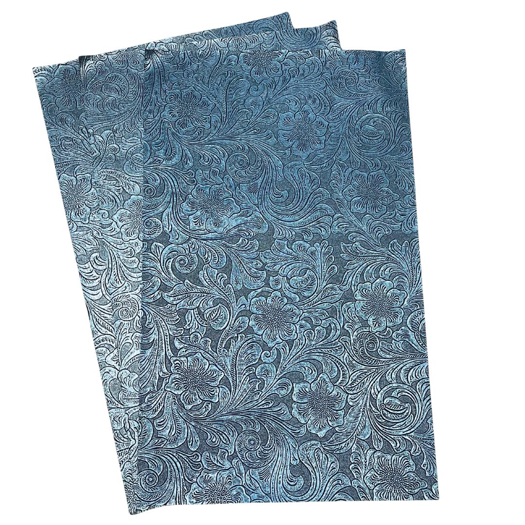 Metallic Blue Textured Faux Leather Sheet, Embossed Swirls Pattern