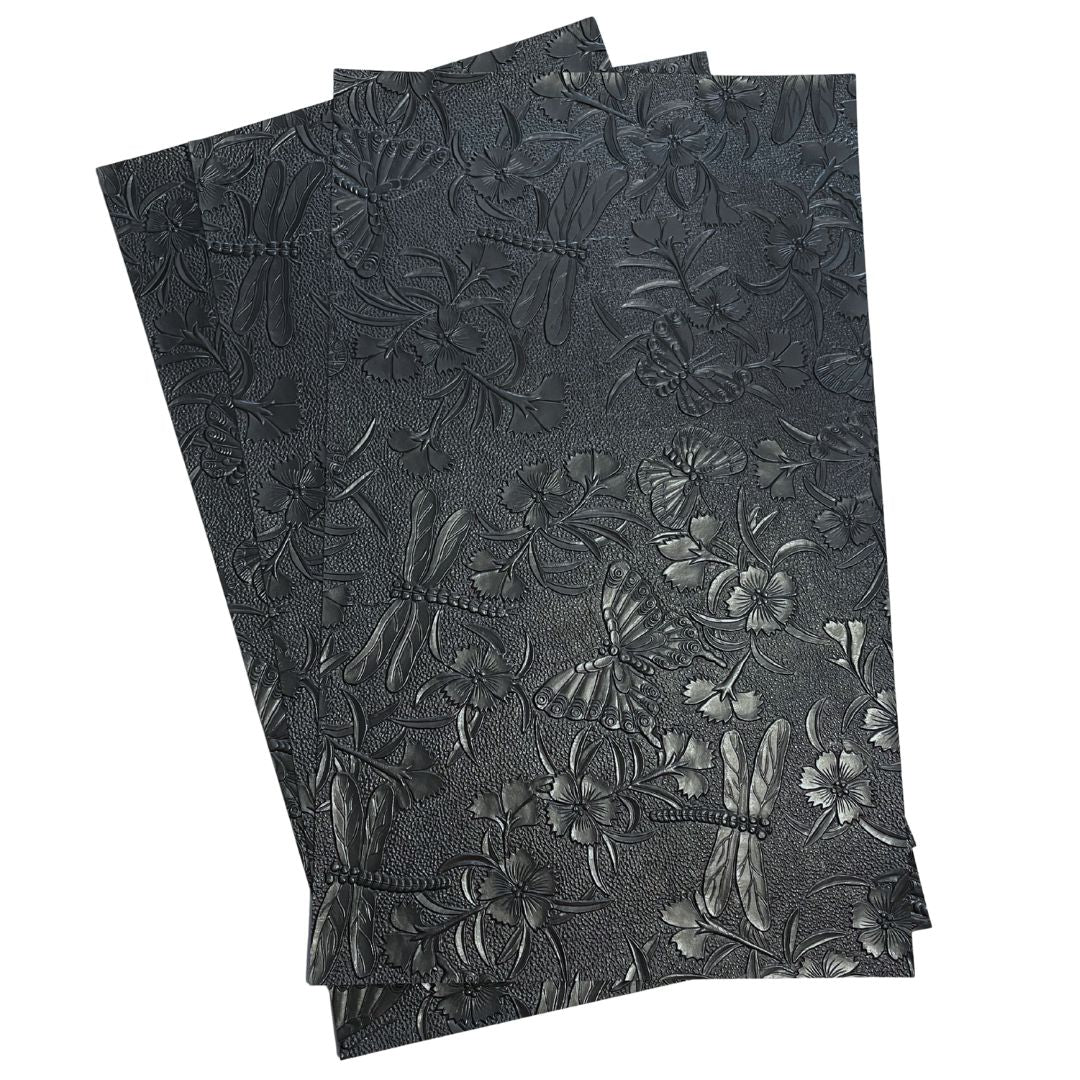 Plain Black Dragonfly & Butterfly Embossed Faux Leather Sheet