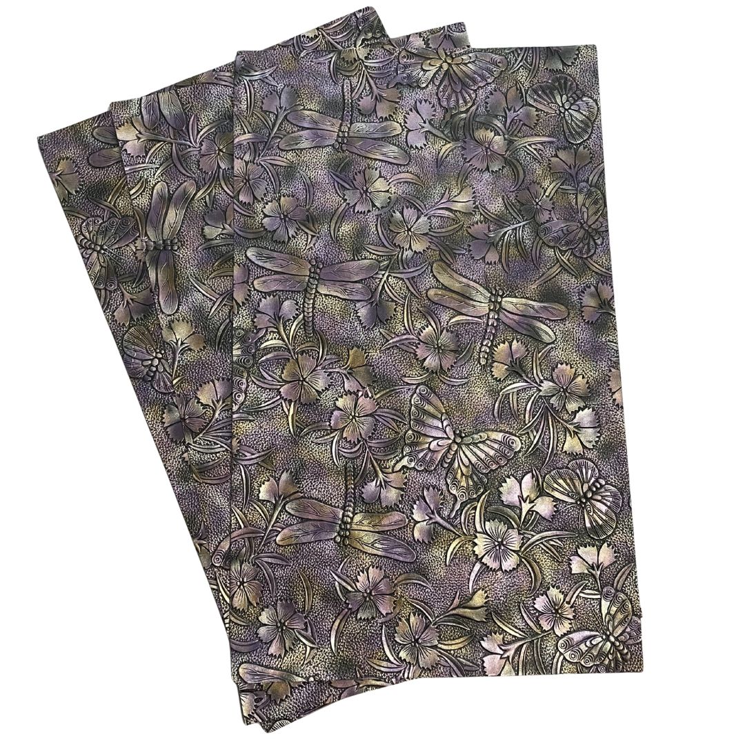 Purple & Gold on Black Metallic Gradient Dragonfly & Butterfly Embossed Faux Leather Sheet