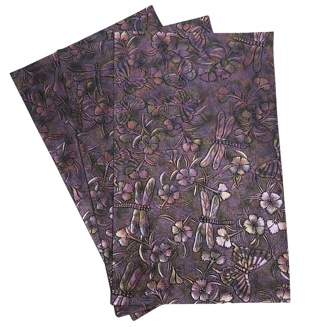 Purple & Redish Copper on Black Metallic Gradient Dragonfly & Butterfly Embossed Faux Leather Sheet