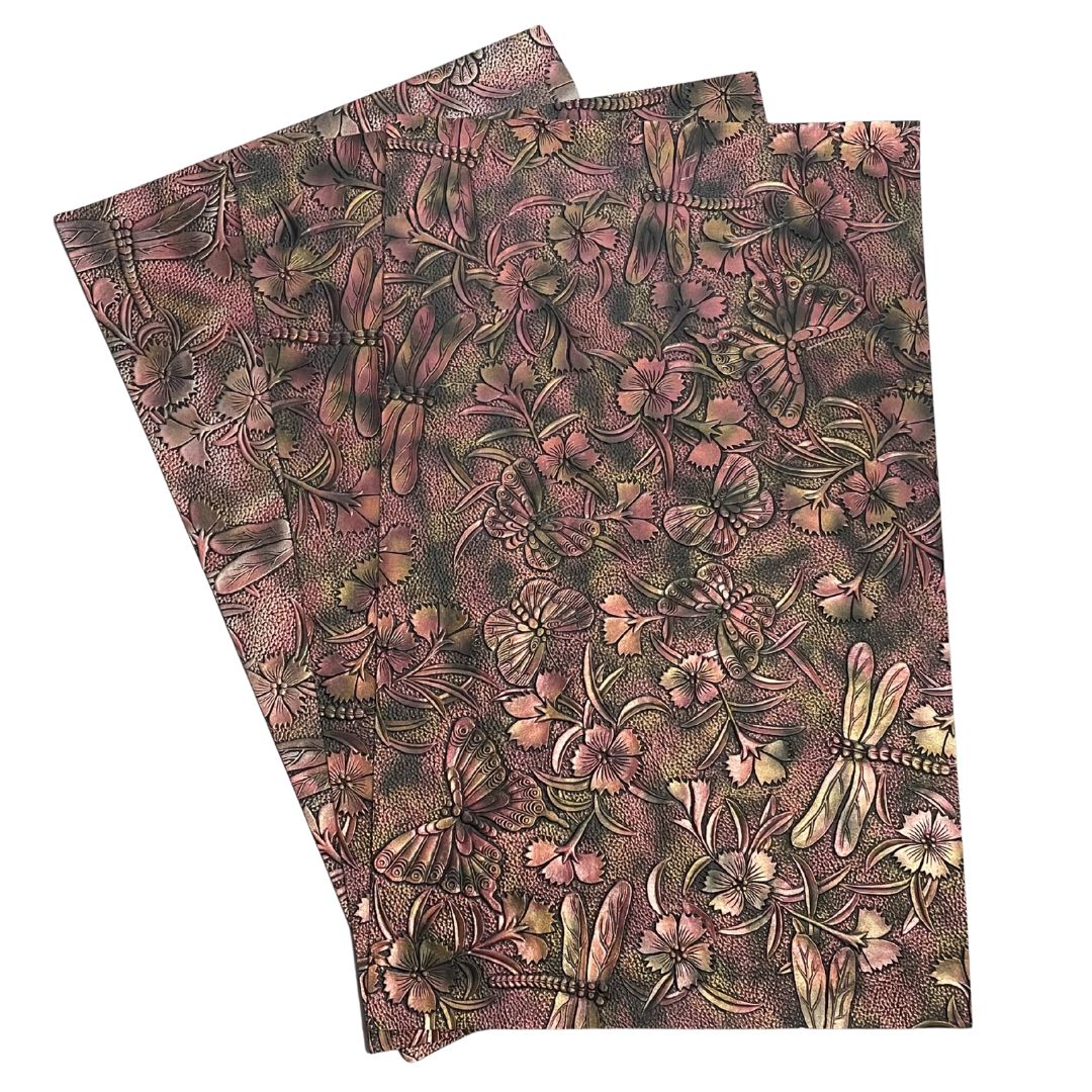Red & Gold on Black Metallic Gradient Dragonfly & Butterfly Embossed Faux Leather Sheet