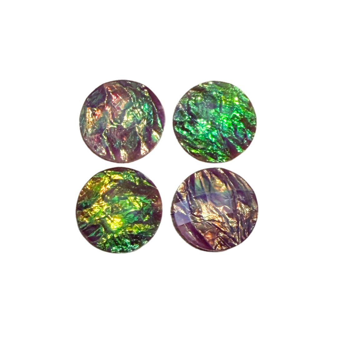 Resin Dichroic Look, Sparkly 12mm Round Flat Back Cabochon Purple Background