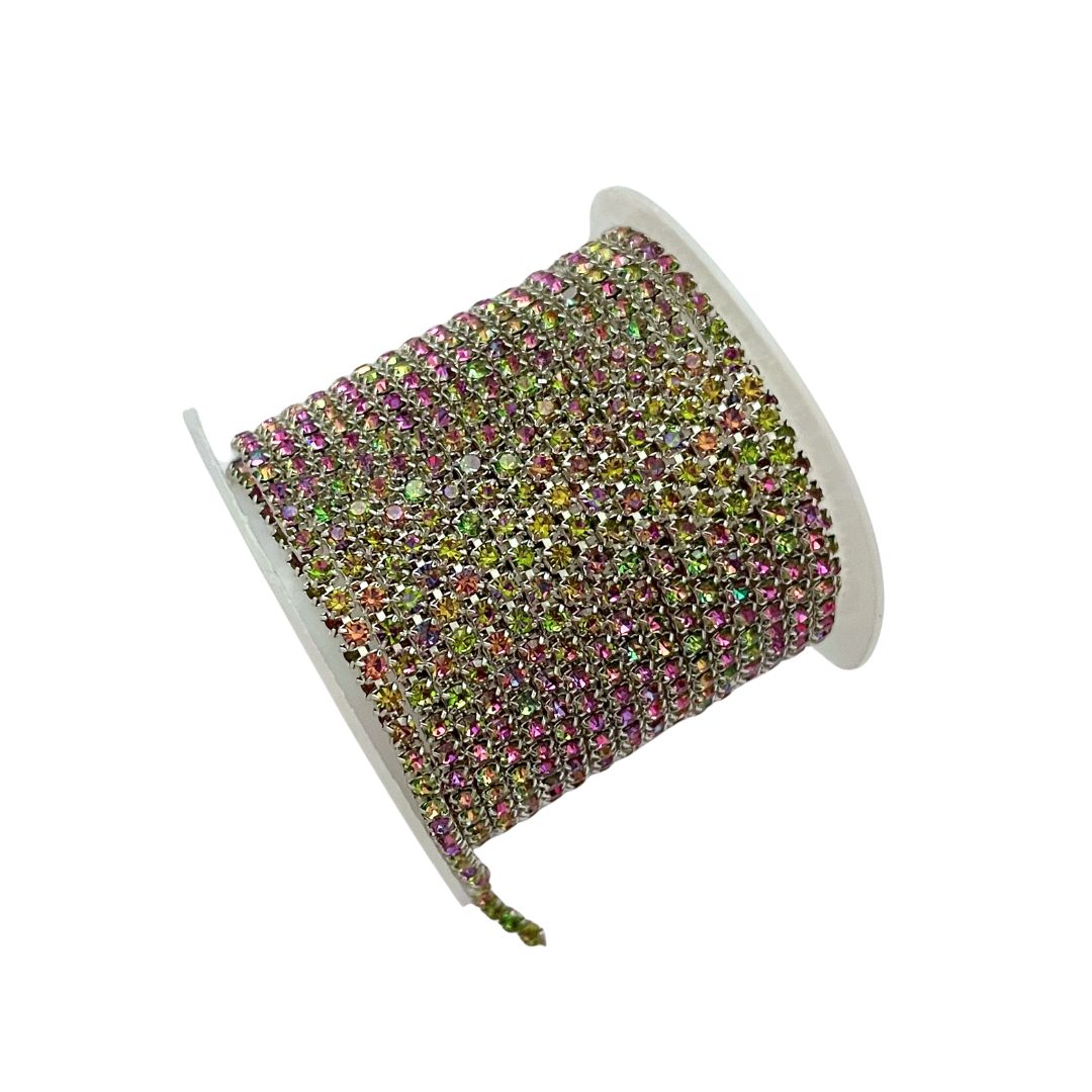 Rhinestone Cup Chain 2mm Silver with Chartreuse/Rose AB Stones