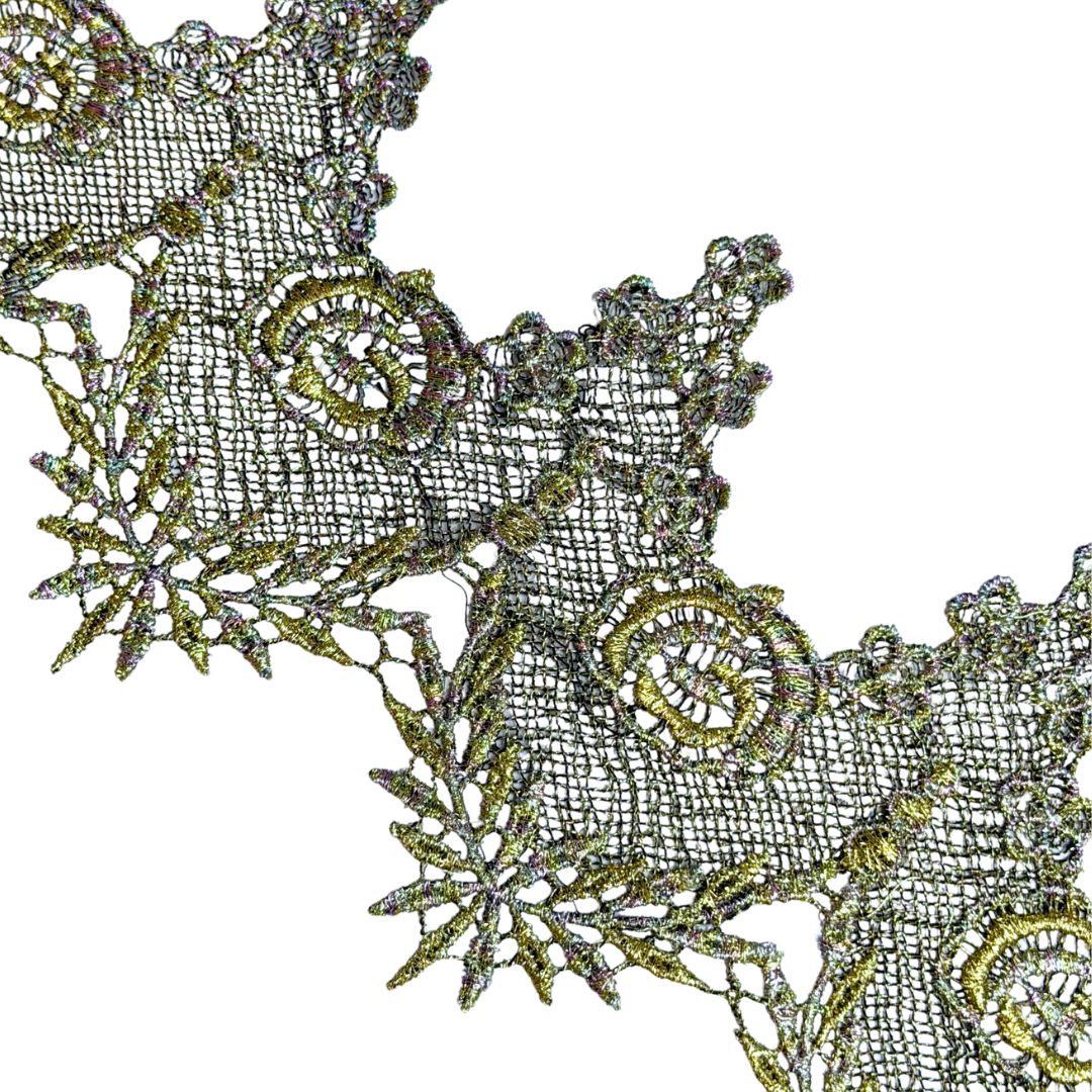 Vintage Lace Metallic Gold and Silver with soft rainbow, 12cm wide, sold per meter
