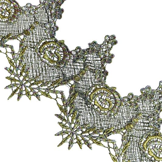 Vintage Lace Metallic Gold and Silver with soft rainbow, 12cm wide, sold per meter