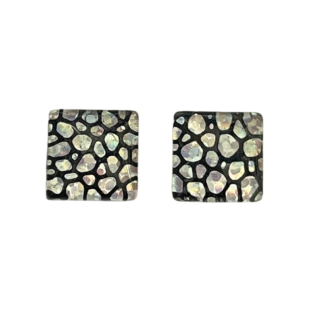 12mm Square Dome Glass Cabochon with Silver Hologram Bubbles on Black Background