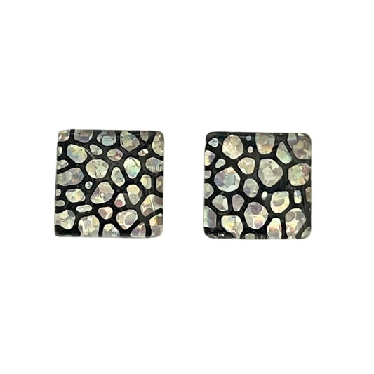 12mm Square Dome Glass Cabochon with Silver Hologram Bubbles on Black Background