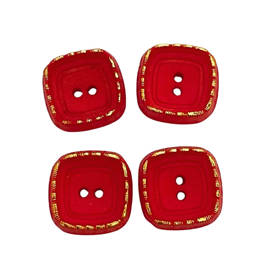 13mm Square 2 hole Button, Red with gold edges, pack of 4