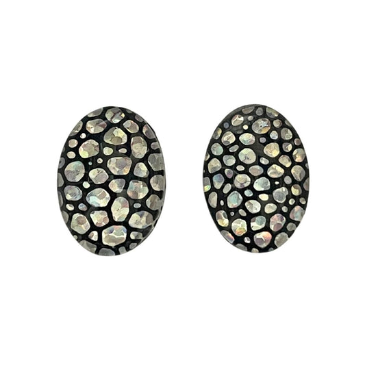 13mm x 18mm Oval Dome Glass Cabochon with Silver Hologram Bubbles on Black Background