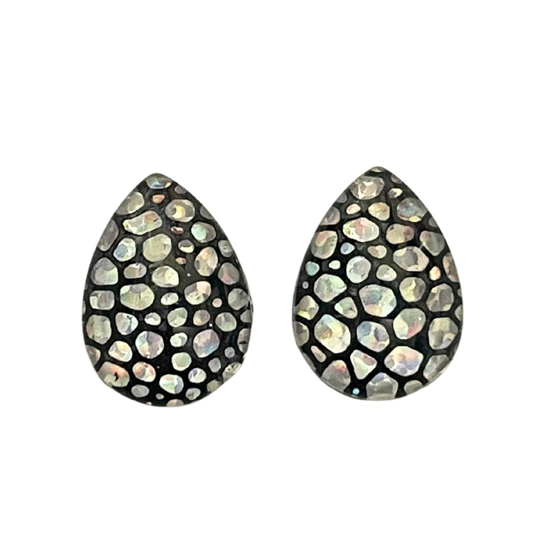 13mm x 18mm Teardrop Dome Glass Cabochon with Silver Hologram Bubbles on Black Background