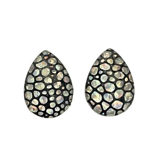 13mm x 18mm Teardrop Dome Glass Cabochon with Silver Hologram Bubbles on Black Background