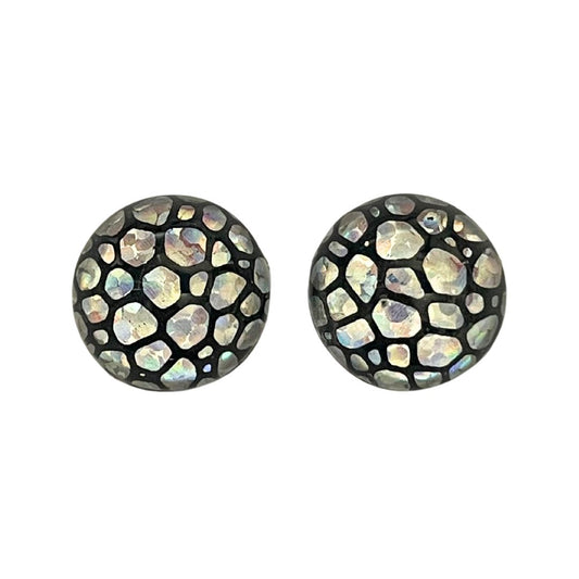 15mm Round Dome Glass Cabochon with Silver Hologram Bubbles on Black Background