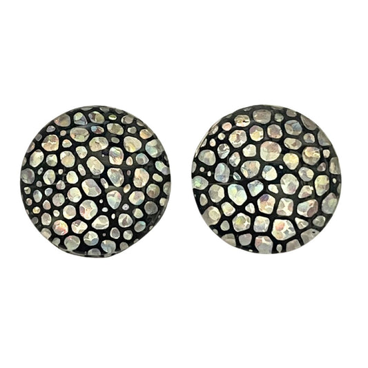 18mm Round Dome Glass Cabochon with Silver Hologram Bubbles on Black Background