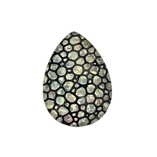 18mm x 25mm Teardrop Dome Glass Cabochon with Silver Hologram Bubbles on Black Background