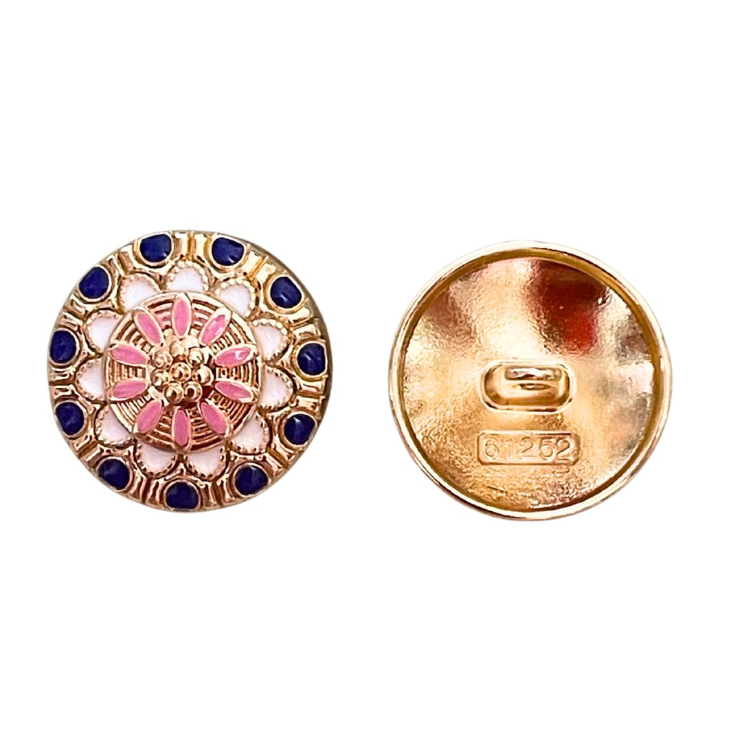 20mm Round Metal Button, With Pink Enamel Flower on Blue white and Gold