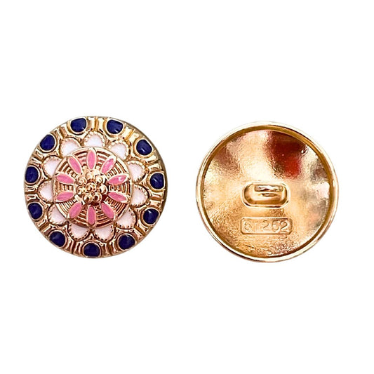 20mm Round Metal Button, With Pink Enamel Flower on Blue white and Gold