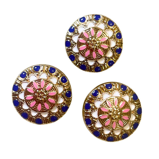 20mm Round Metal Button, With Pink Enamel Flower on Blue white and Gold