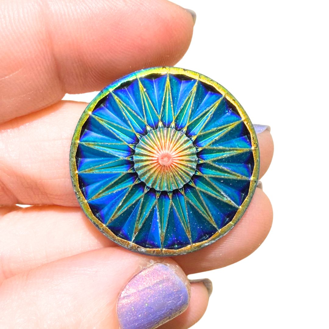 28mm Resin Rhinestone Sunburst Peacock Blue