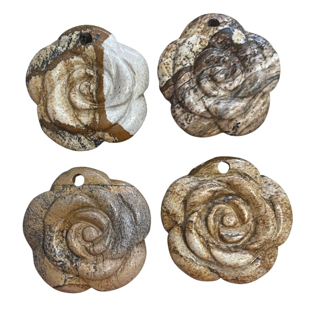 38mm Hand Carved Picture Jasper Rose Gemstone Pendant