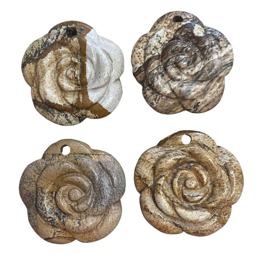 38mm Hand Carved Picture Jasper Rose Gemstone Pendant