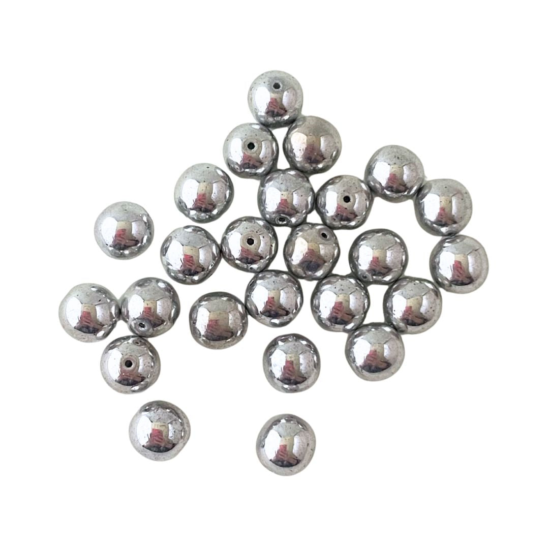 8mm Czech Glass Round Bead Metallic Silver
