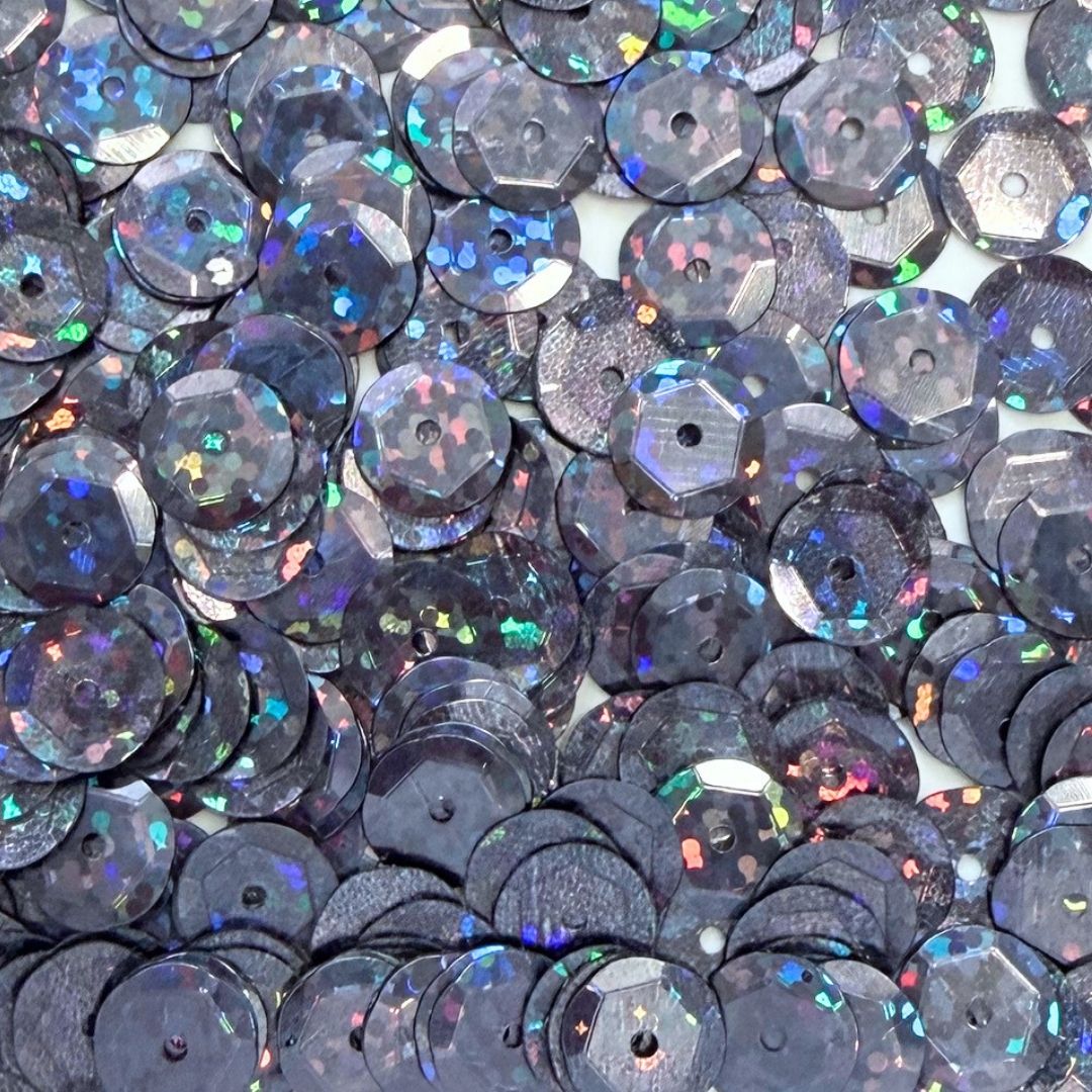 9mm Round Cup Shaped Sequins - Black Hologram