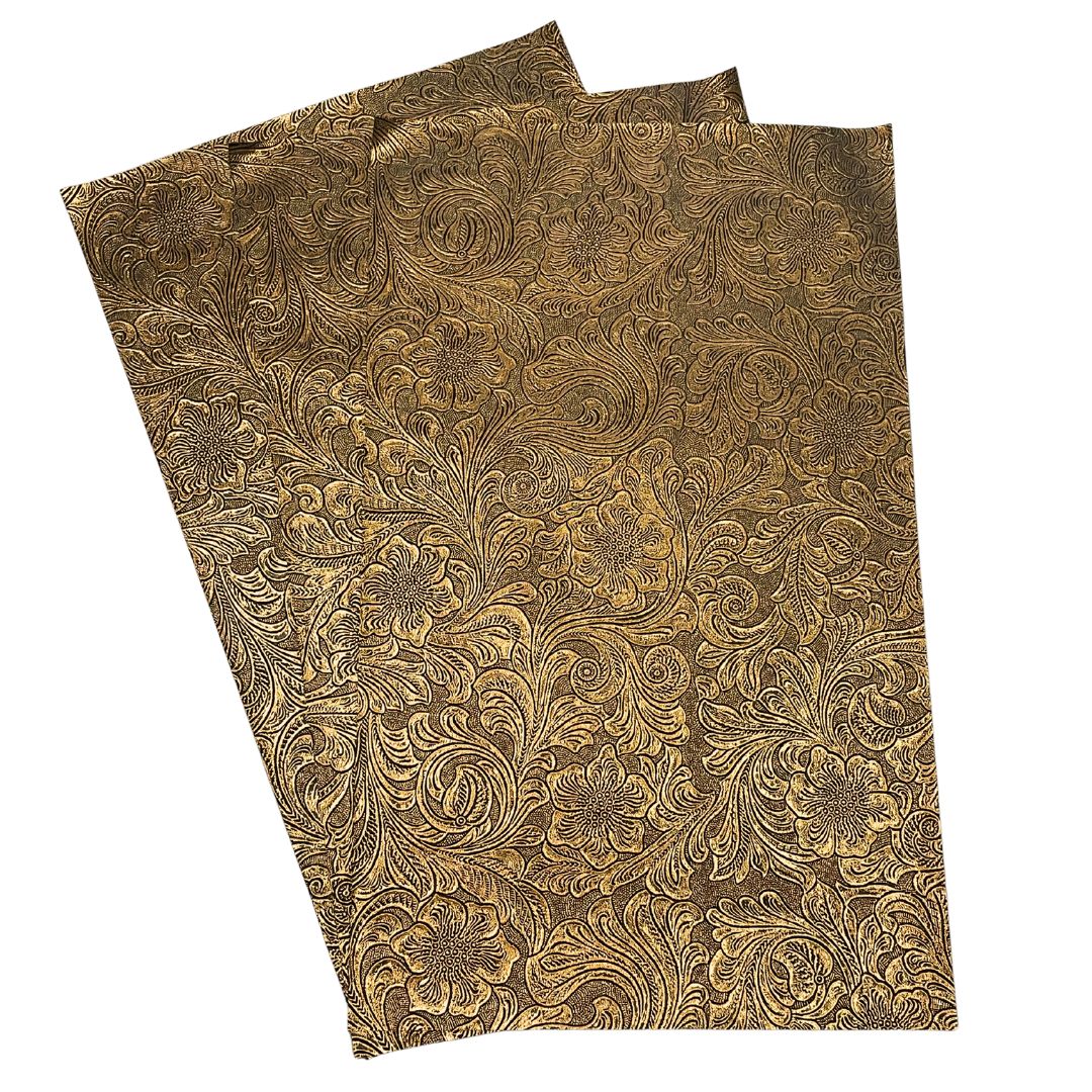 Antique Brass Textured Faux Leather Sheet, Embossed Swirls Pattern