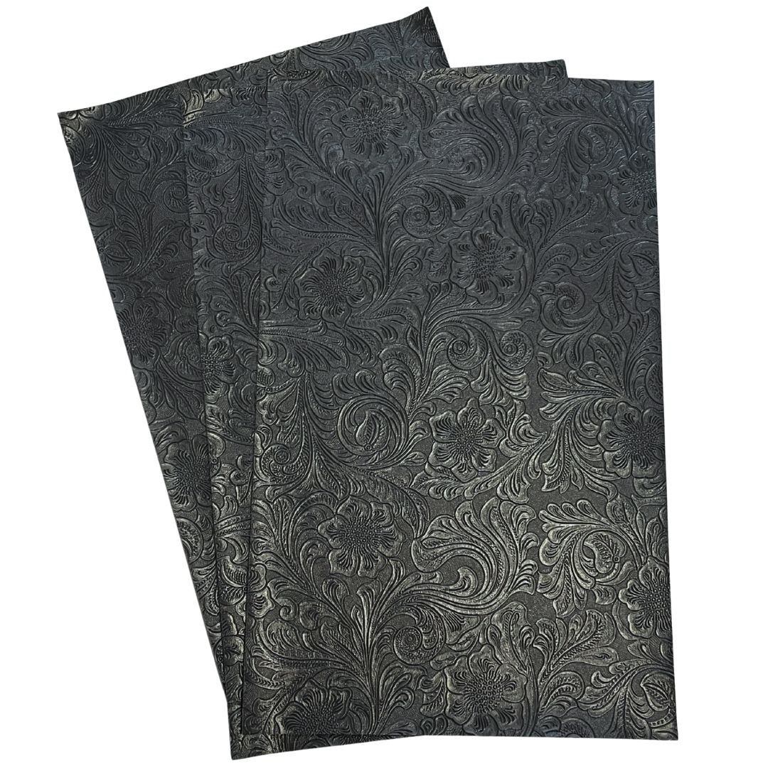 Black Textured Faux Leather Sheet, Embossed Swirls Pattern