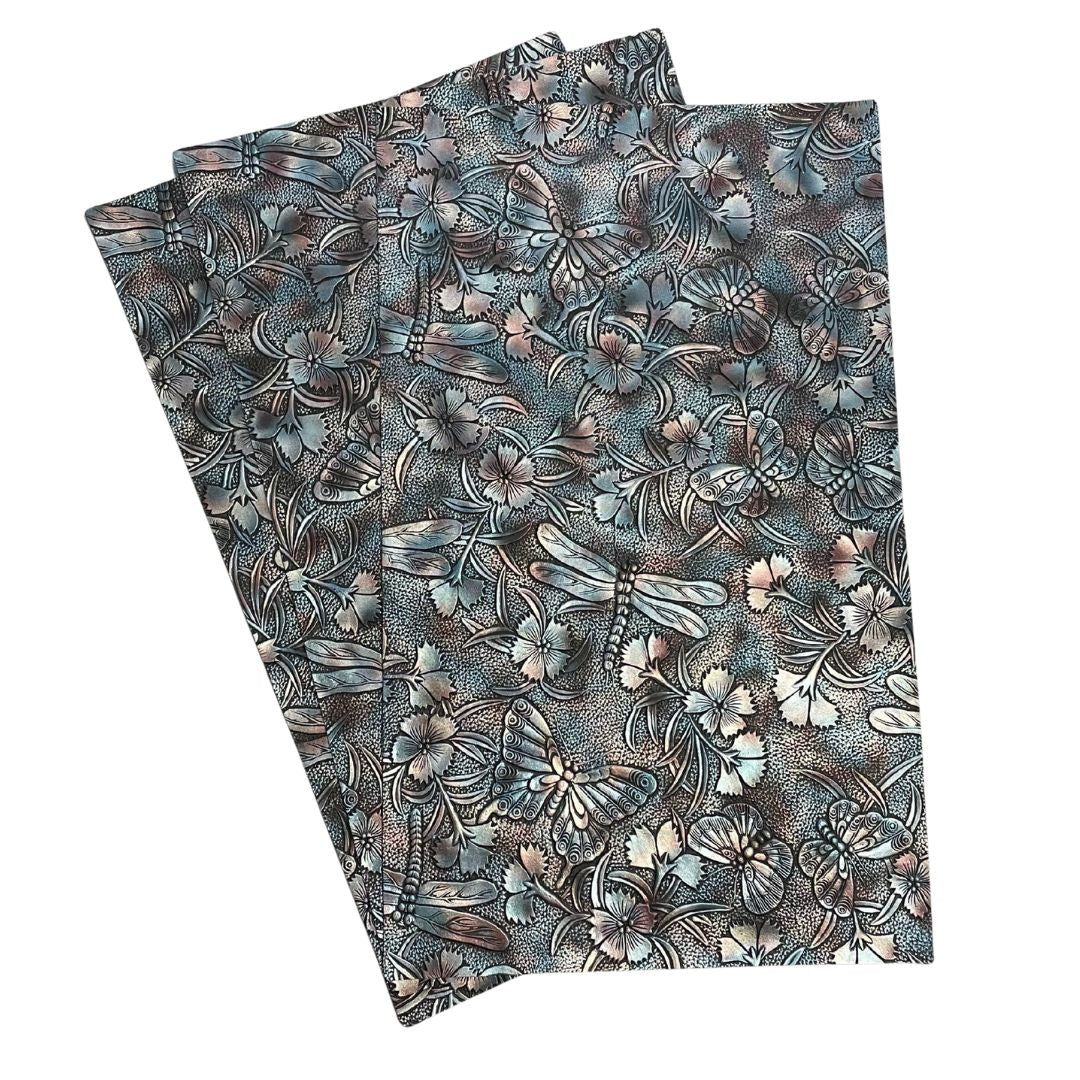 Blue & Copper on Black Metallic Gradient Dragonfly & Butterfly Embossed Faux Leather Sheet