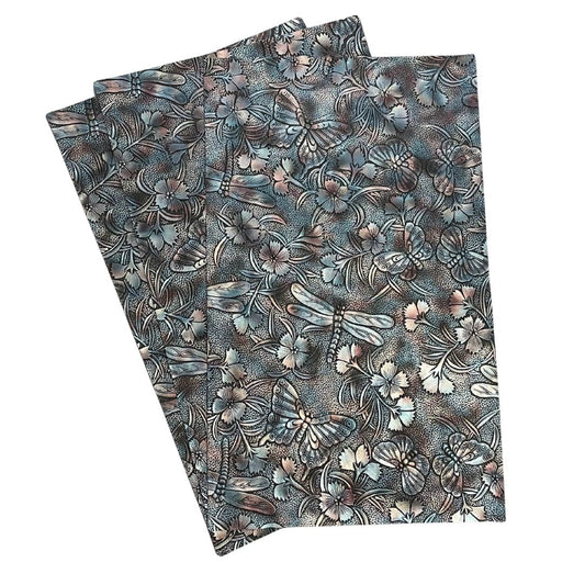 Blue & Copper on Black Metallic Gradient Dragonfly & Butterfly Embossed Faux Leather Sheet