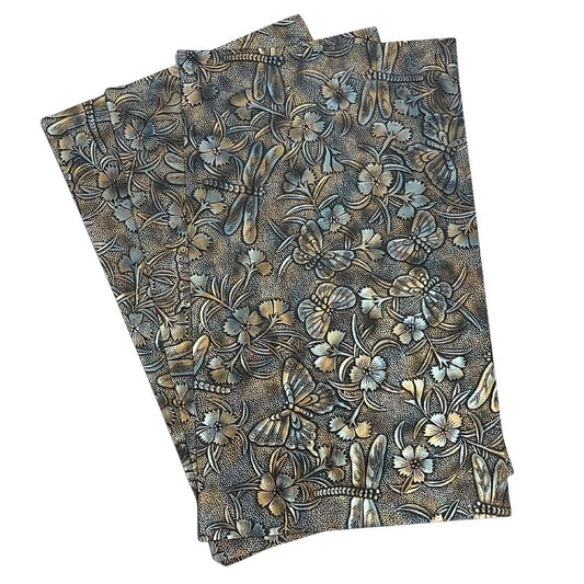 Blue & Gold on Black Metallic Gradient Dragonfly & Butterfly Embossed Faux Leather Sheet