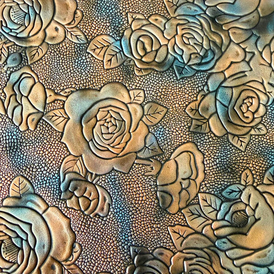 Blue & Gold on Black Metallic Gradient Roses Embossed Faux Leather Sheet