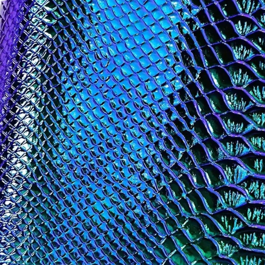 Blue & Green Holographic Snake Embossing PU Faux Leather Sheet