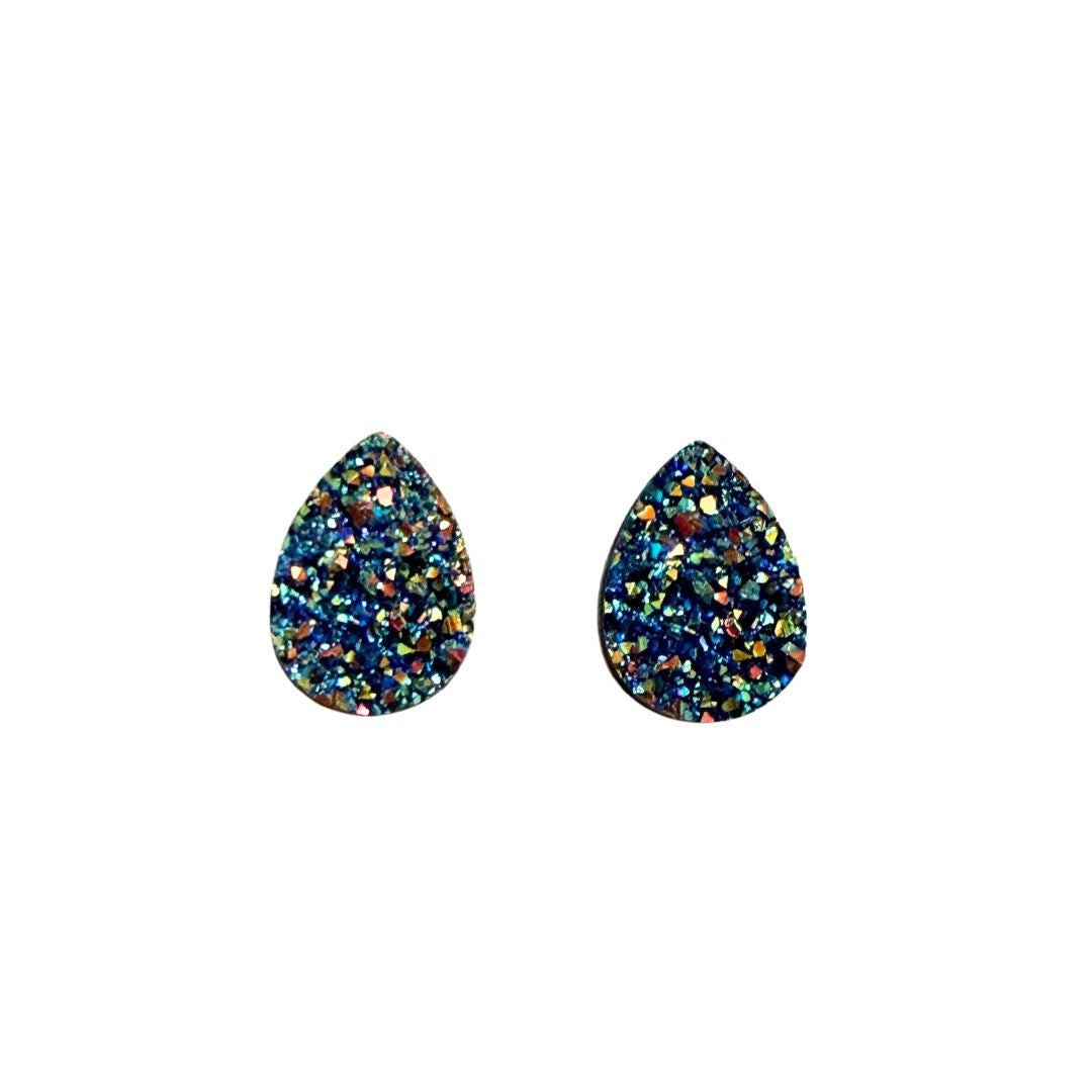 Blue and Gold Resin Druzy Drop Flat Back Cabochon 10x14mm Adhesive backed