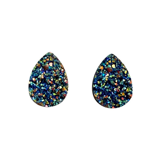 Blue and Gold Resin Druzy Drop Flat Back Cabochon 13x18mm Adhesive backed