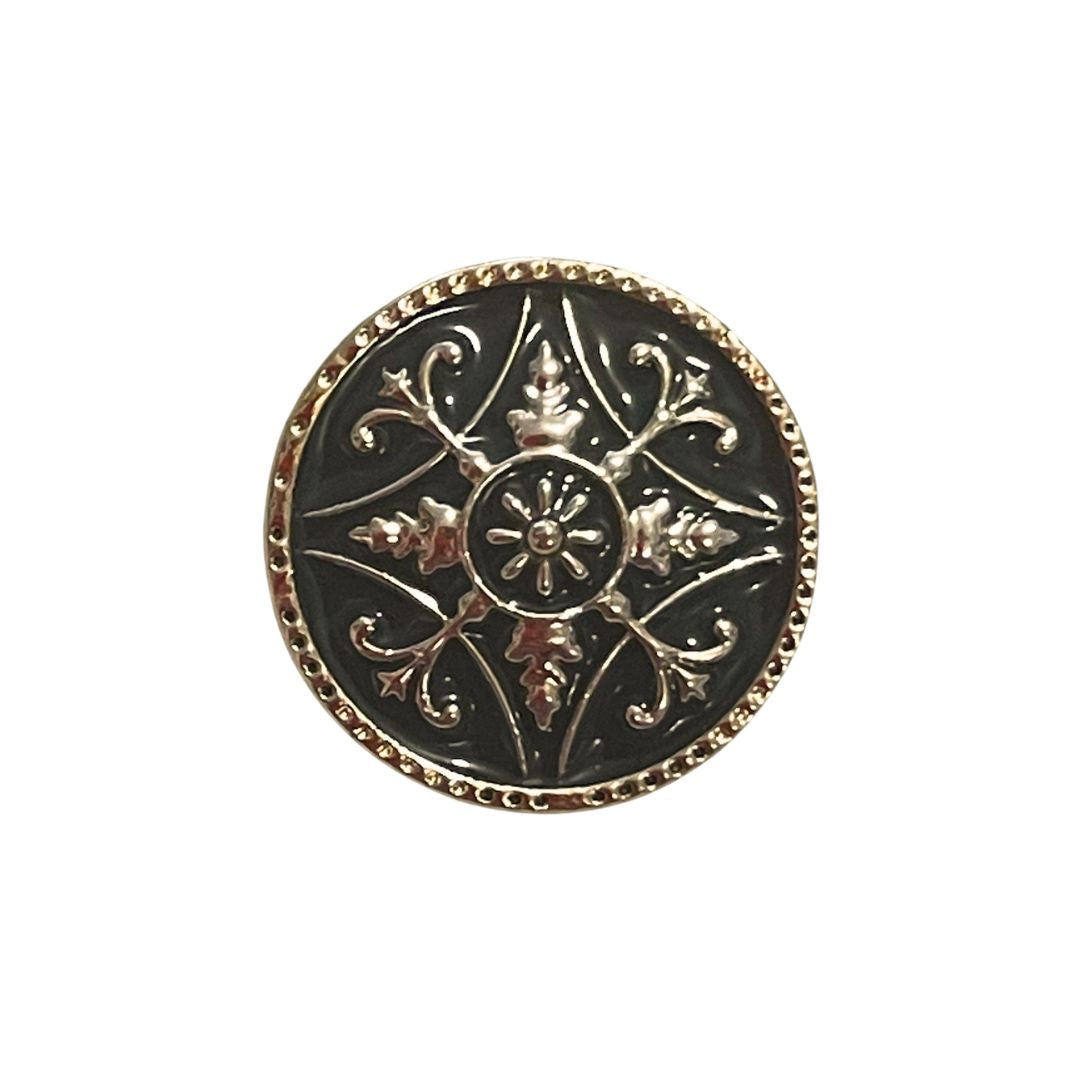 Button Enamel Look Floral 21mm Black and Gold